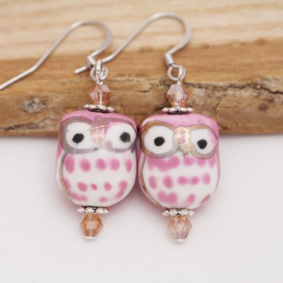 Pink Hand Painted Porcelain Owl Beaded Earrings - Handmade & Hypoallergenic - Picture 1 of 7
